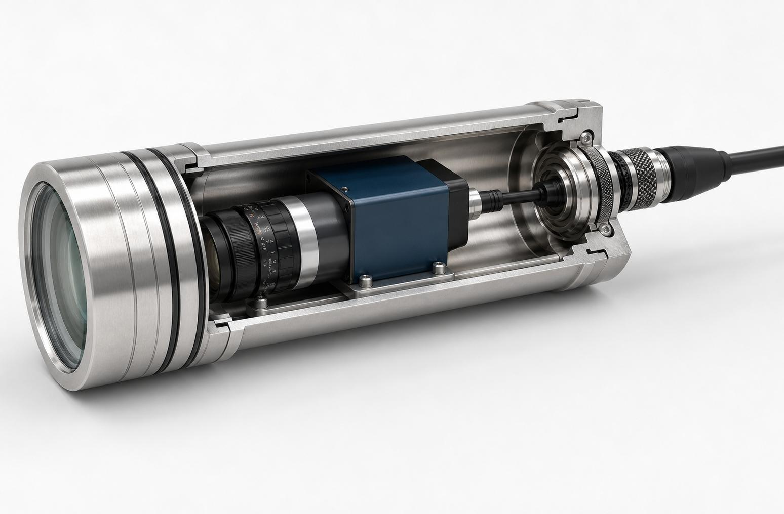 Cutaway visualization of the polarization camera installed inside the 300 m pressure housing